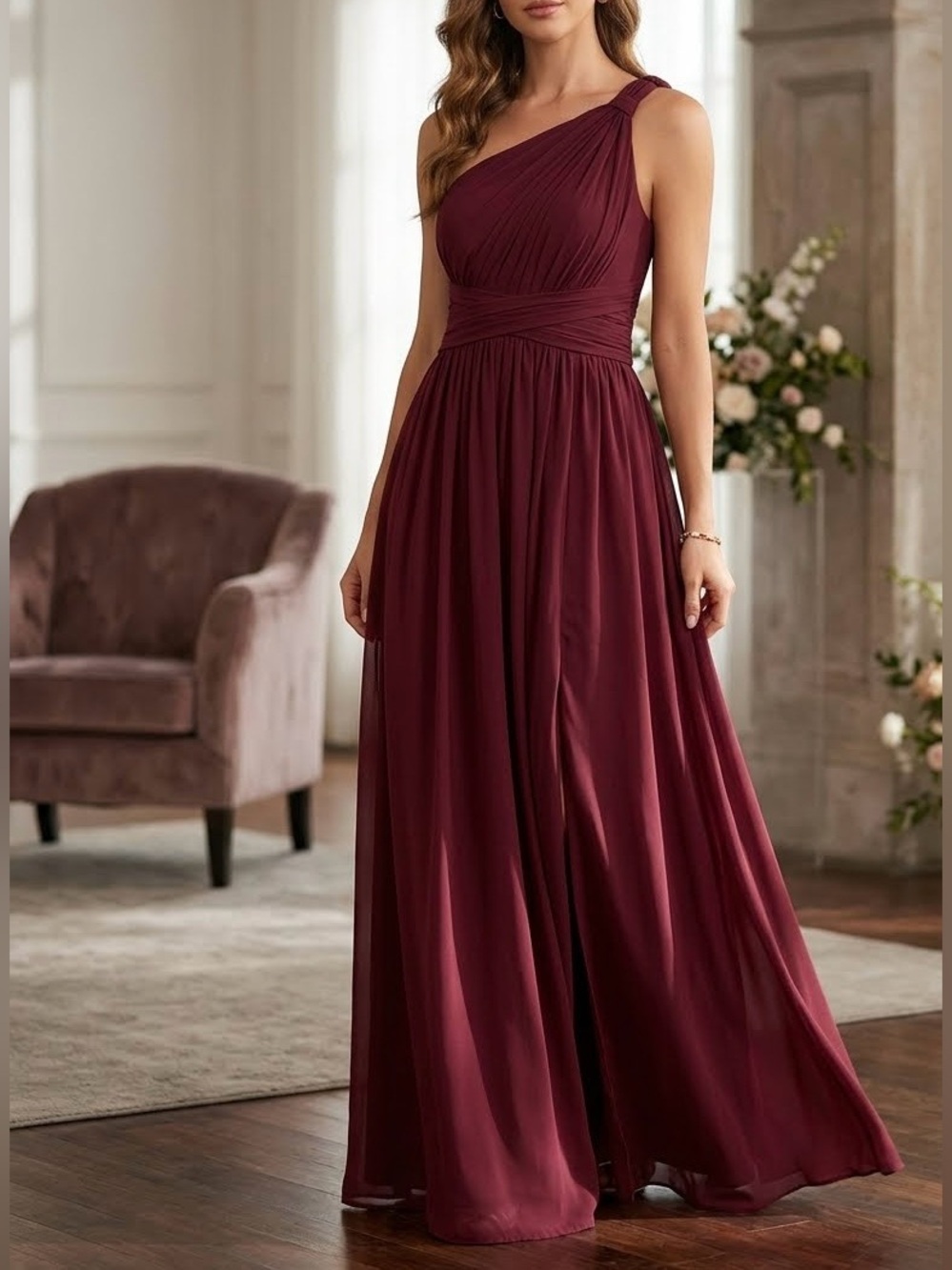Camille La Vie One-Shoulder Burgundy Maxi Gown